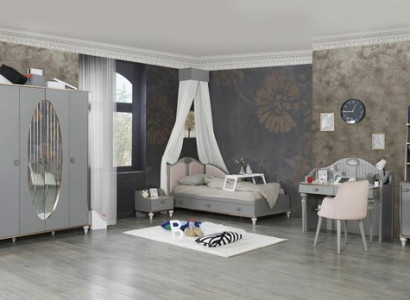 Youth room set: bed, wardrobe, nightstand, dresser with mirror, 4-piece furniture set.